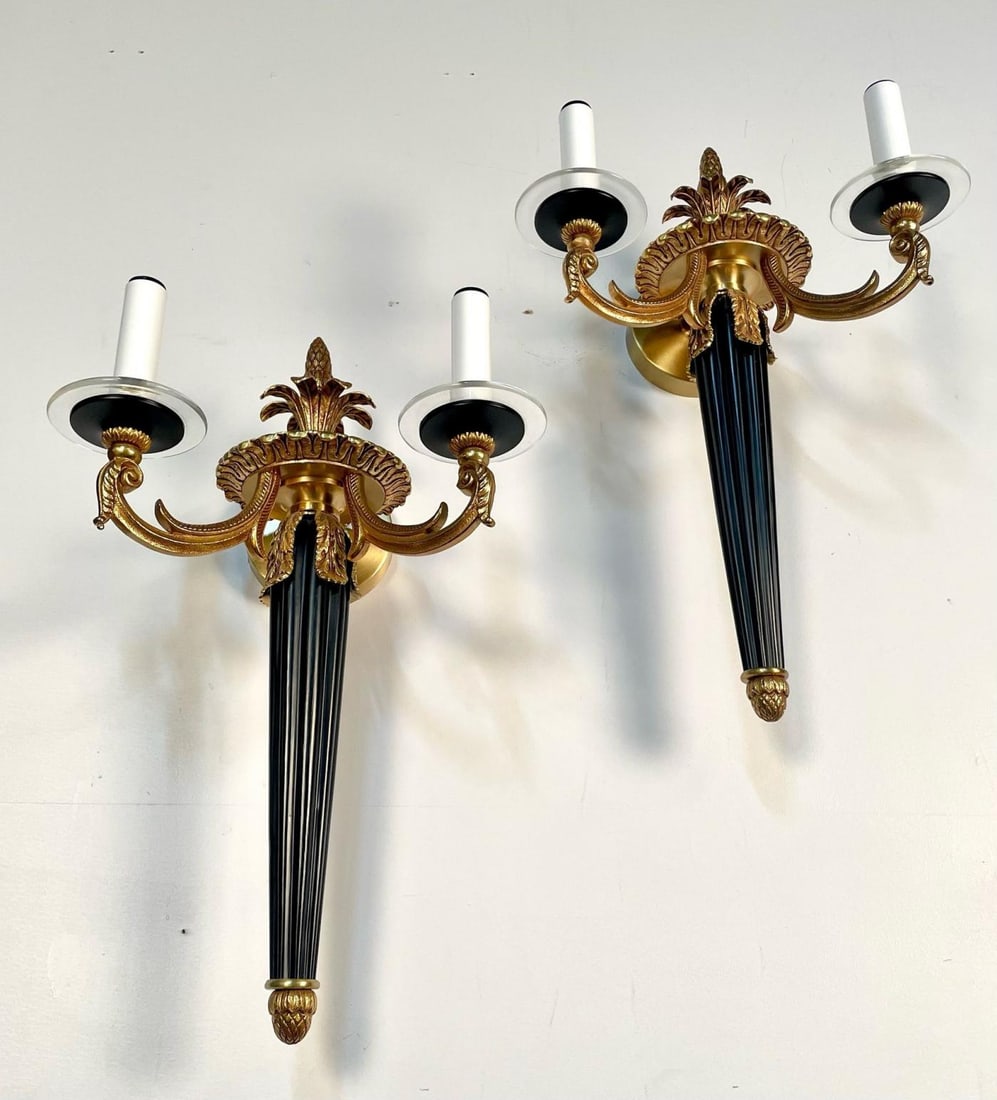 Pair Louis XVI Style French Sconces / Wall Lights, Ebony, Bronze, Maison Bagues - 10
