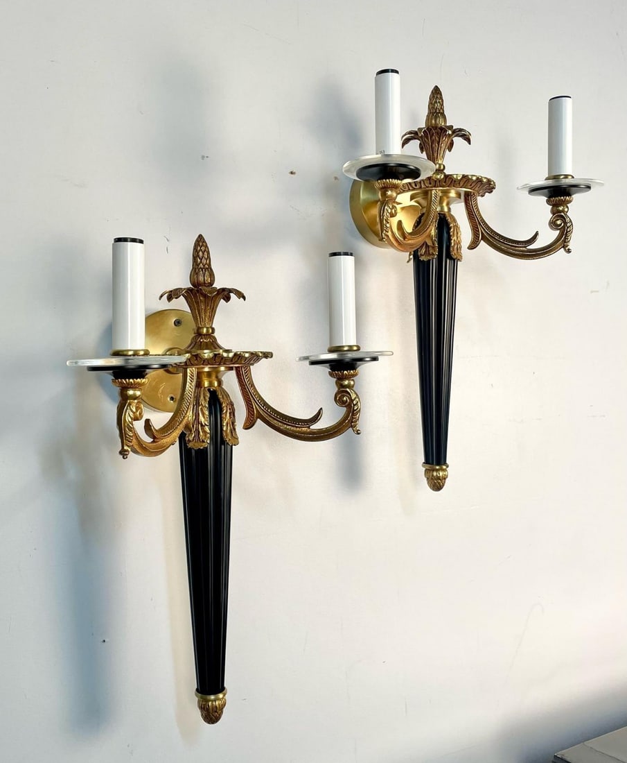 Pair Louis XVI Style French Sconces / Wall Lights, Ebony, Bronze, Maison Bagues - 7