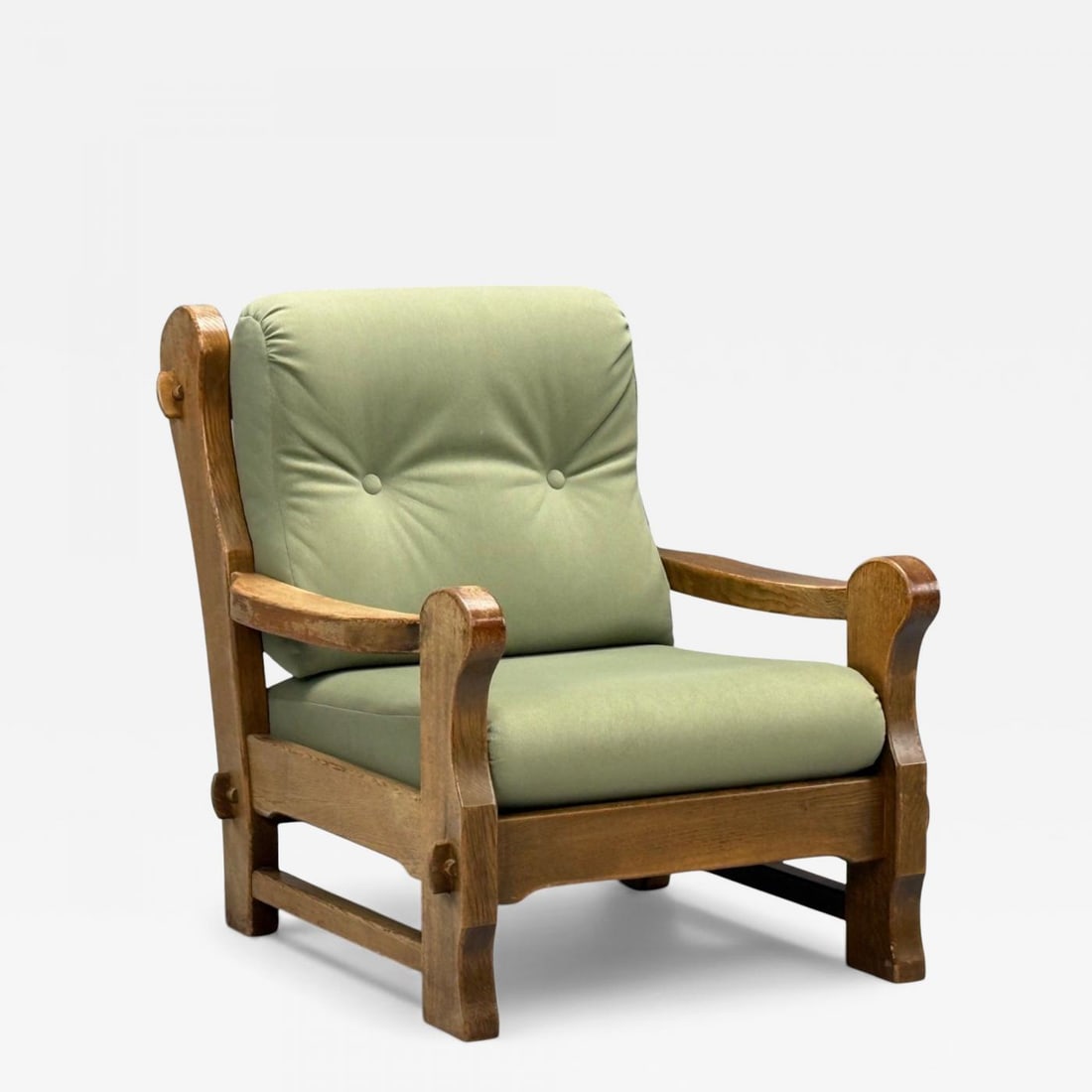Danish Modern, Oak, Green Nubuck, Brutalist Lounge Chair, Denmark, 1960s (1 of 11)