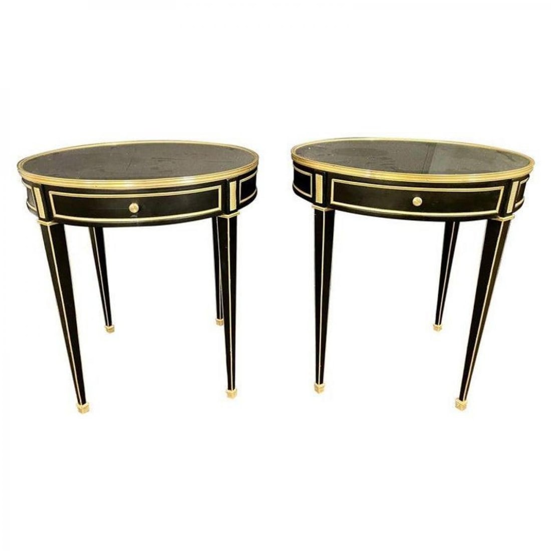Hollywood Regency Ebony Bouillote or End Tables, Manner Jansen Mirror Tops, Pair - 13