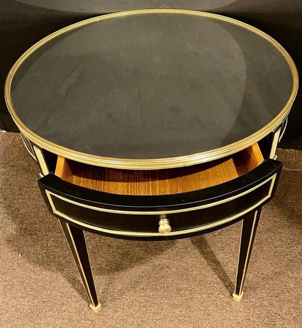 Hollywood Regency Ebony Bouillote or End Tables, Manner Jansen Mirror Tops, Pair - 7