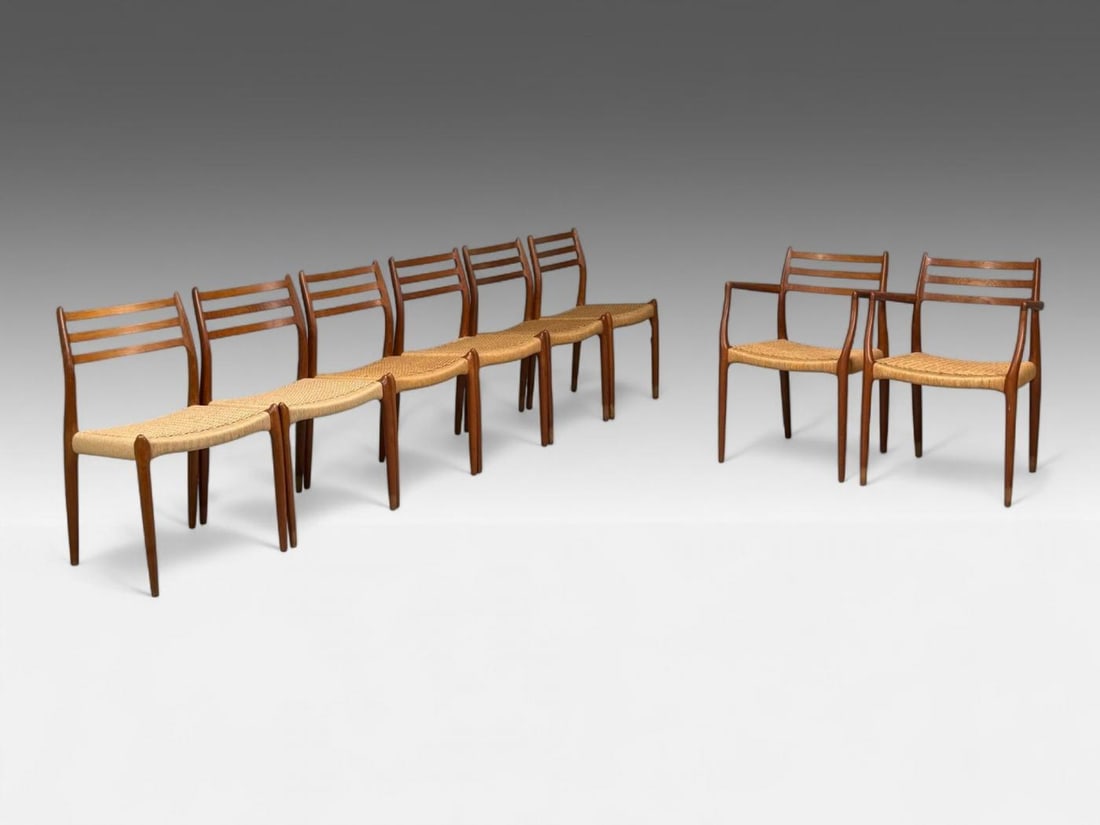 Neils O. Möller, Danish Papercord, Teak, Dining Chairs, Denmark, 1950s - 4