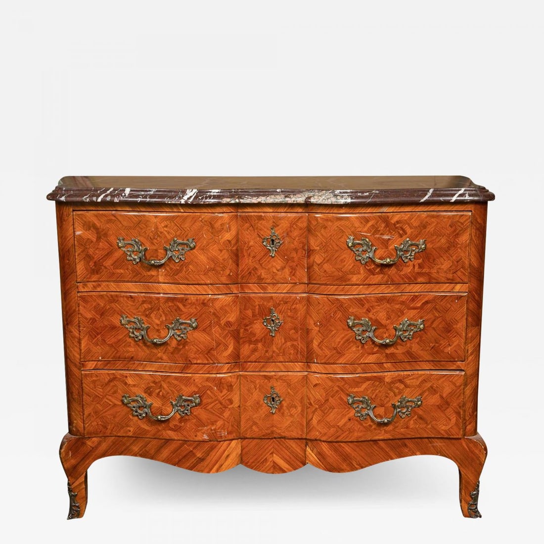French Louis XV Style Tulipwood, Marble, Commode / Chest, France, 1930s - 2