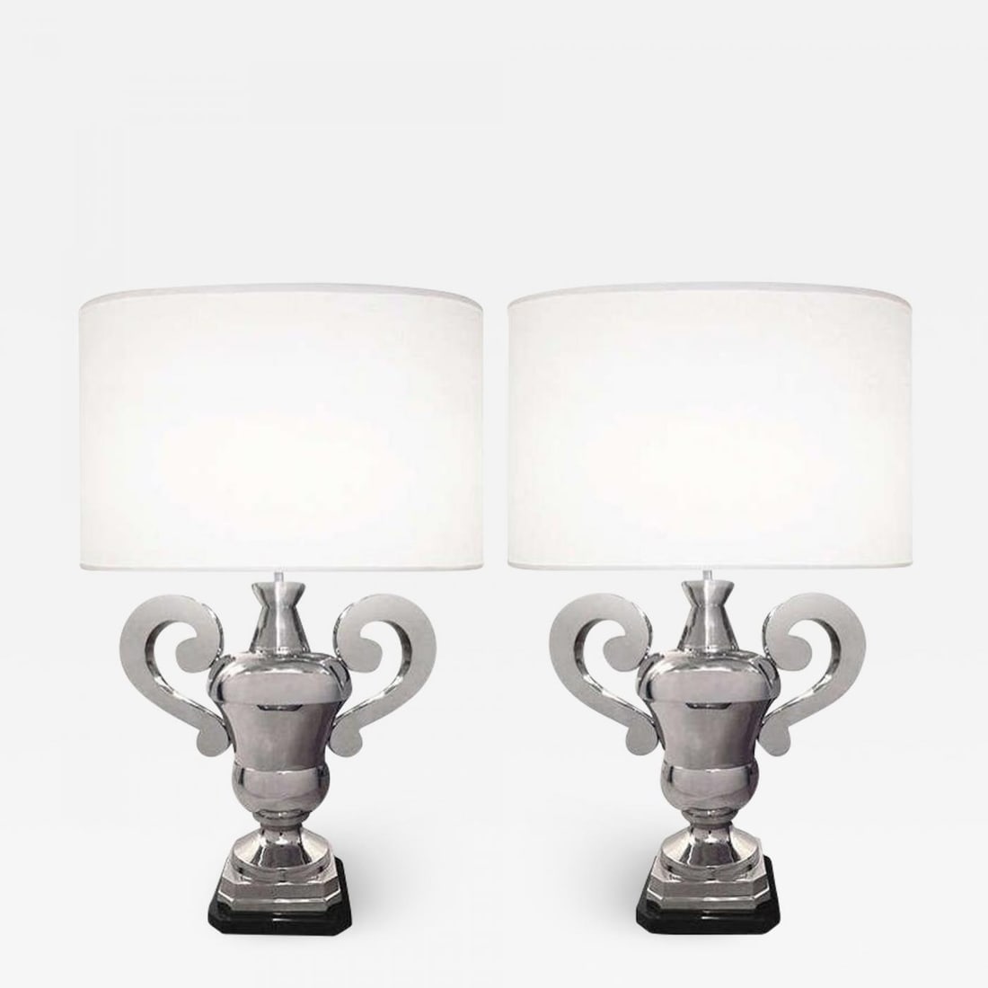 Pair of Hollywood Regency Polished Nickel Table Lamps, Large Urns - 2