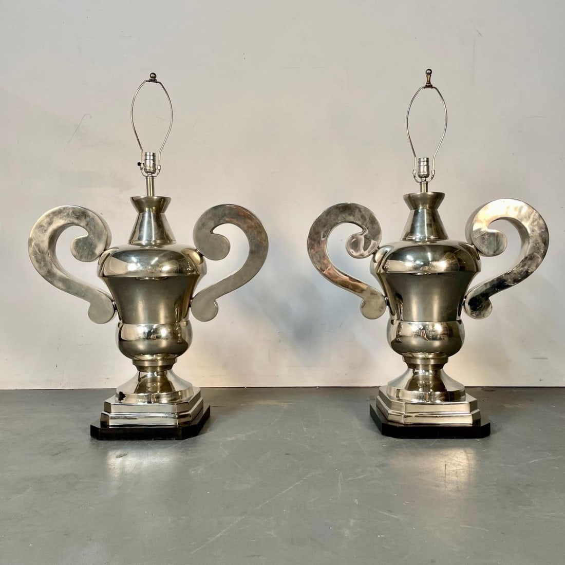 Pair of Hollywood Regency Polished Nickel Table Lamps, Large Urns - 5