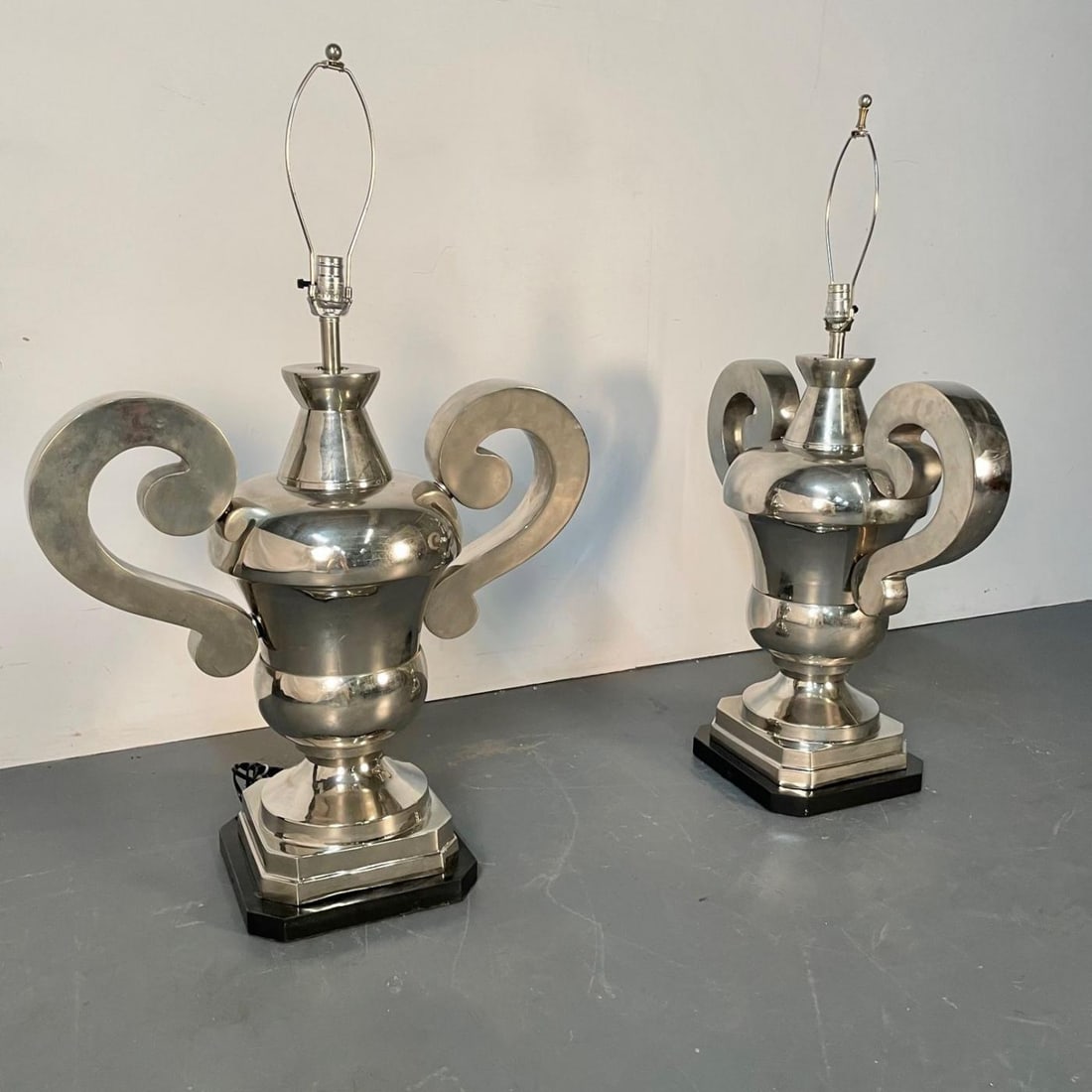 Pair of Hollywood Regency Polished Nickel Table Lamps, Large Urns - 7