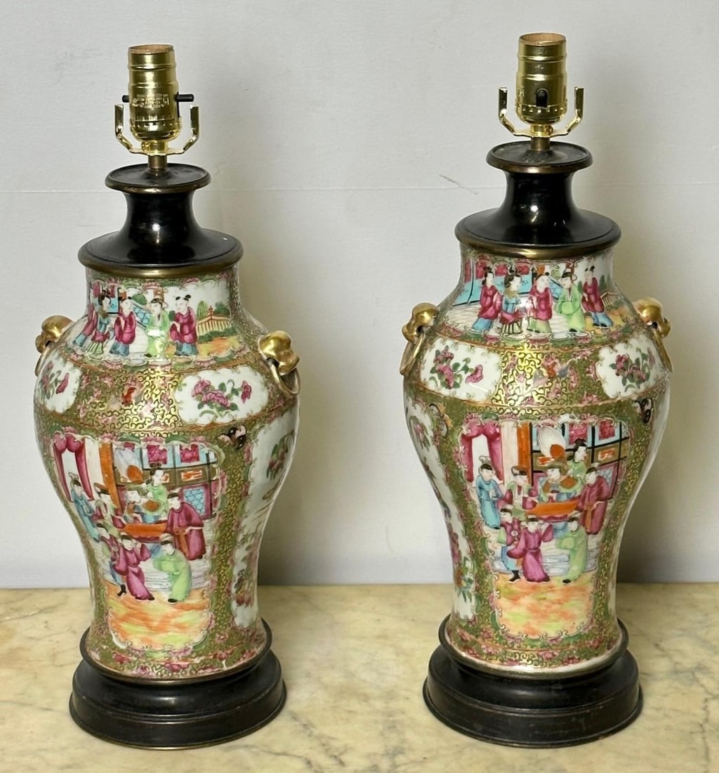 Pair of Ceramic Oriental Table Lamps, Decoration, Bronze, 19th C. - 3