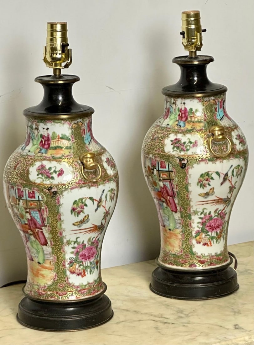 Pair of Ceramic Oriental Table Lamps, Decoration, Bronze, 19th C. - 4