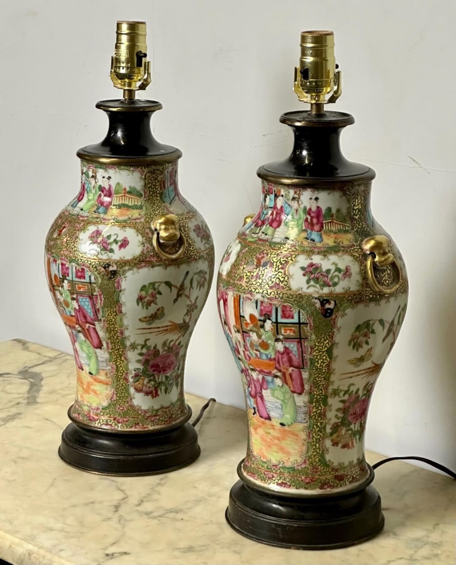 Pair of Ceramic Oriental Table Lamps, Decoration, Bronze, 19th C. - 5