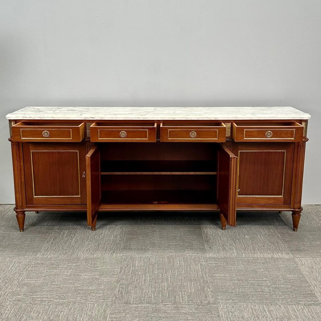 Louis XVI Hollywood Regency Style Bronze Mounted Mahogany Sideboard / Credenza - 7