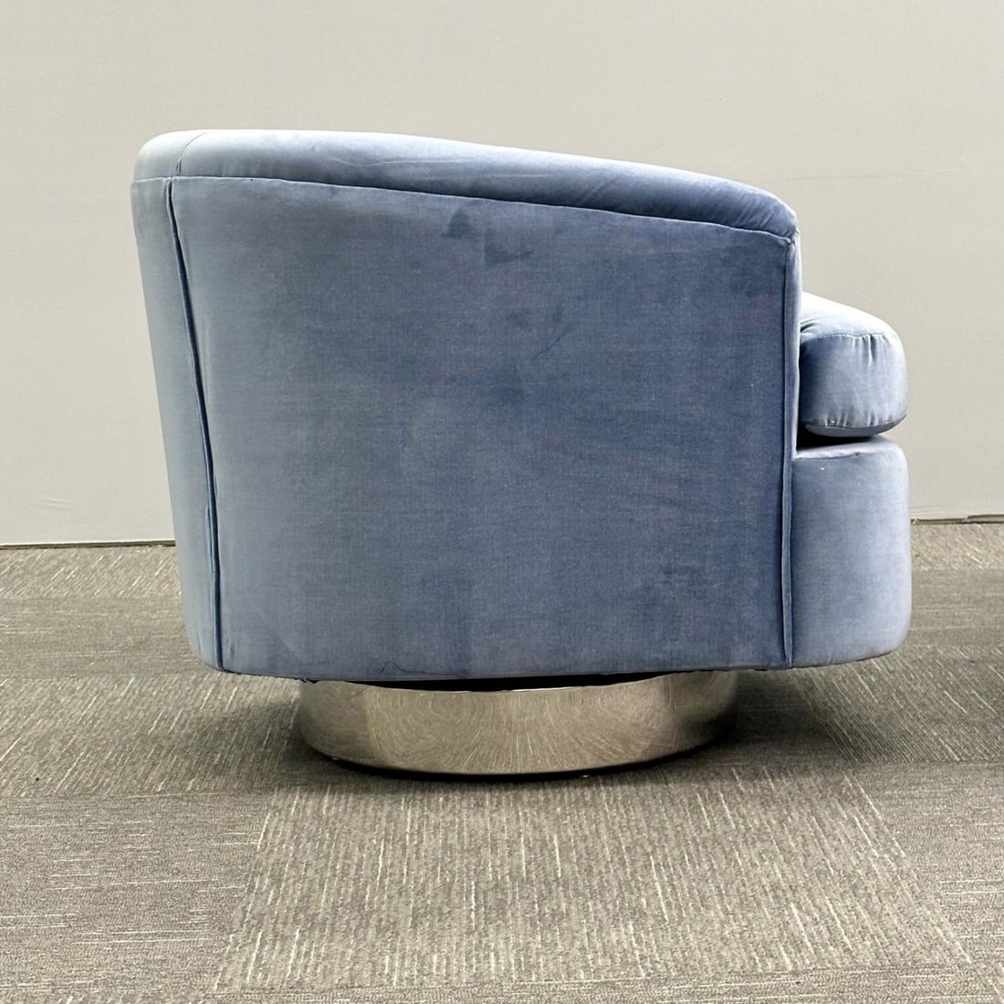 Mid-Century Modern Milo Baughman Style Swivel Chairs, Chrome Base, Blue Velvet - 11