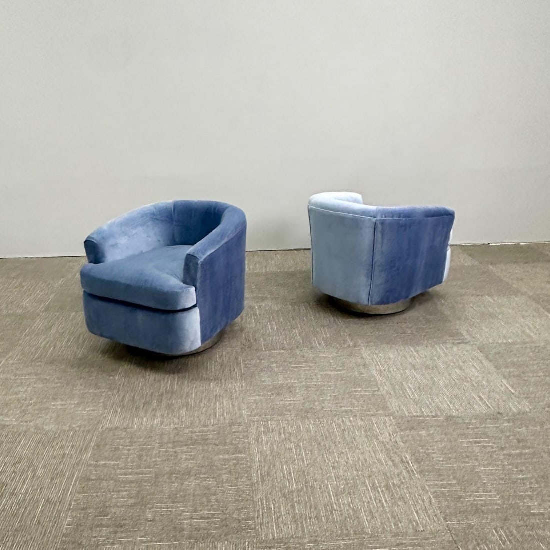 Mid-Century Modern Milo Baughman Style Swivel Chairs, Chrome Base, Blue Velvet - 3