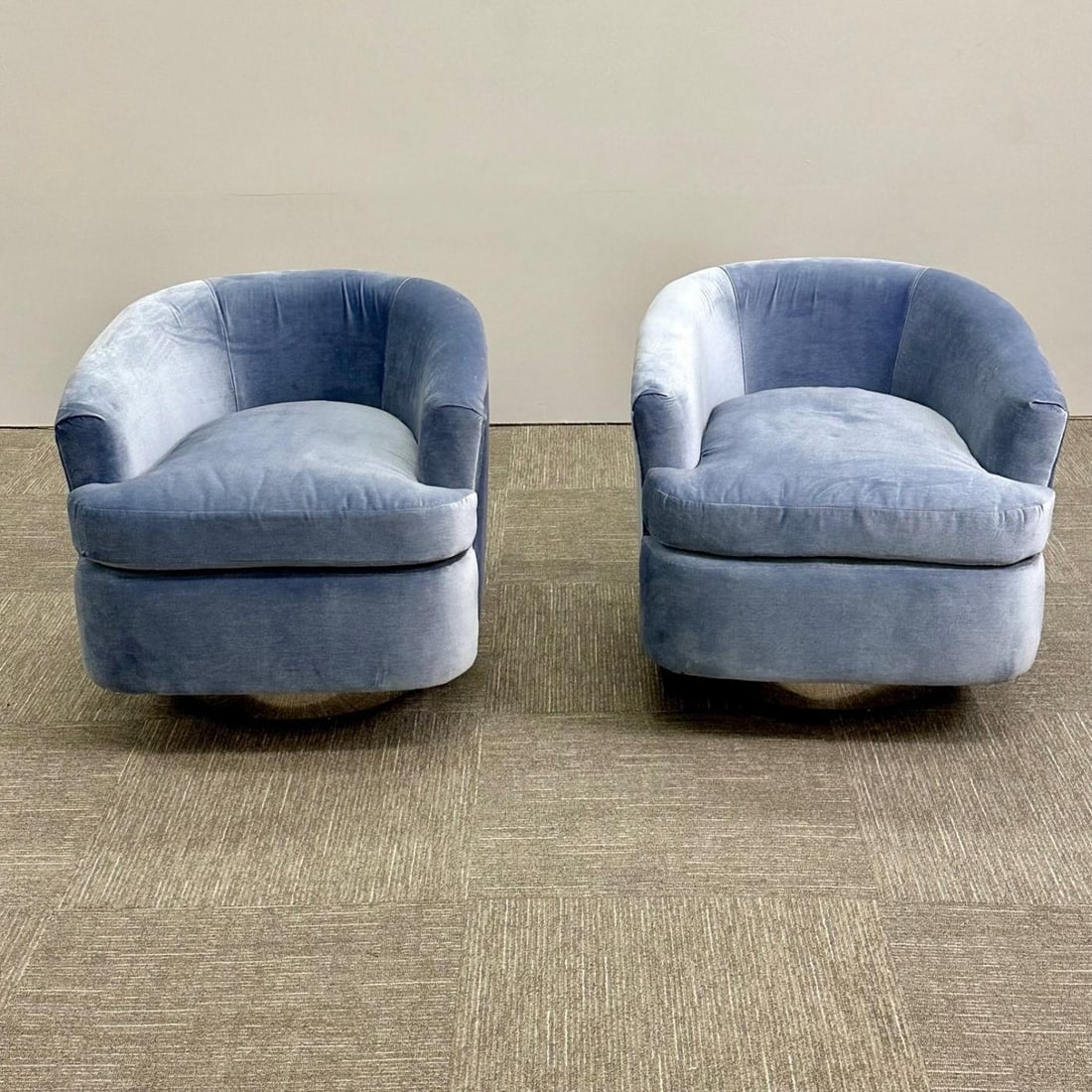 Mid-Century Modern Milo Baughman Style Swivel Chairs, Chrome Base, Blue Velvet - 6