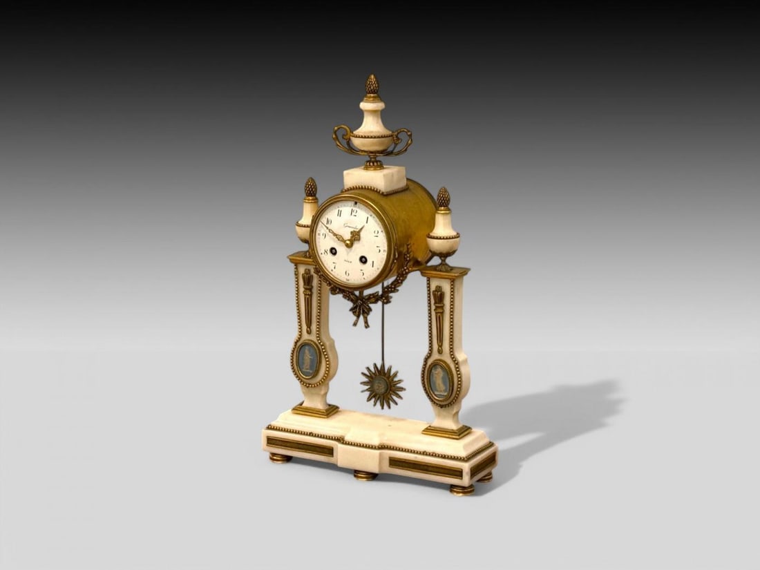 Hubert Sarton Style, Louis XVI, Porcelain, Bronze, Marble, Mantle Clock, 19th C. - 3