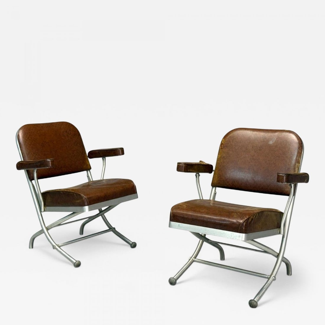 Warren McArthur, Brown Leather, Aluminum, Folding Chairs, USA c. 1935 (1 of 13)