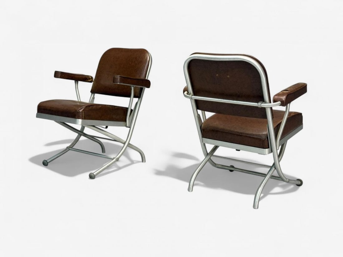 Warren McArthur, Brown Leather, Aluminum, Folding Chairs, USA c. 1935 - 9