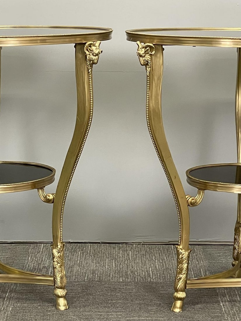 Pair of French Rams Head Gueridon, End or Side Tables, Black Marble Top, Bronze - 13