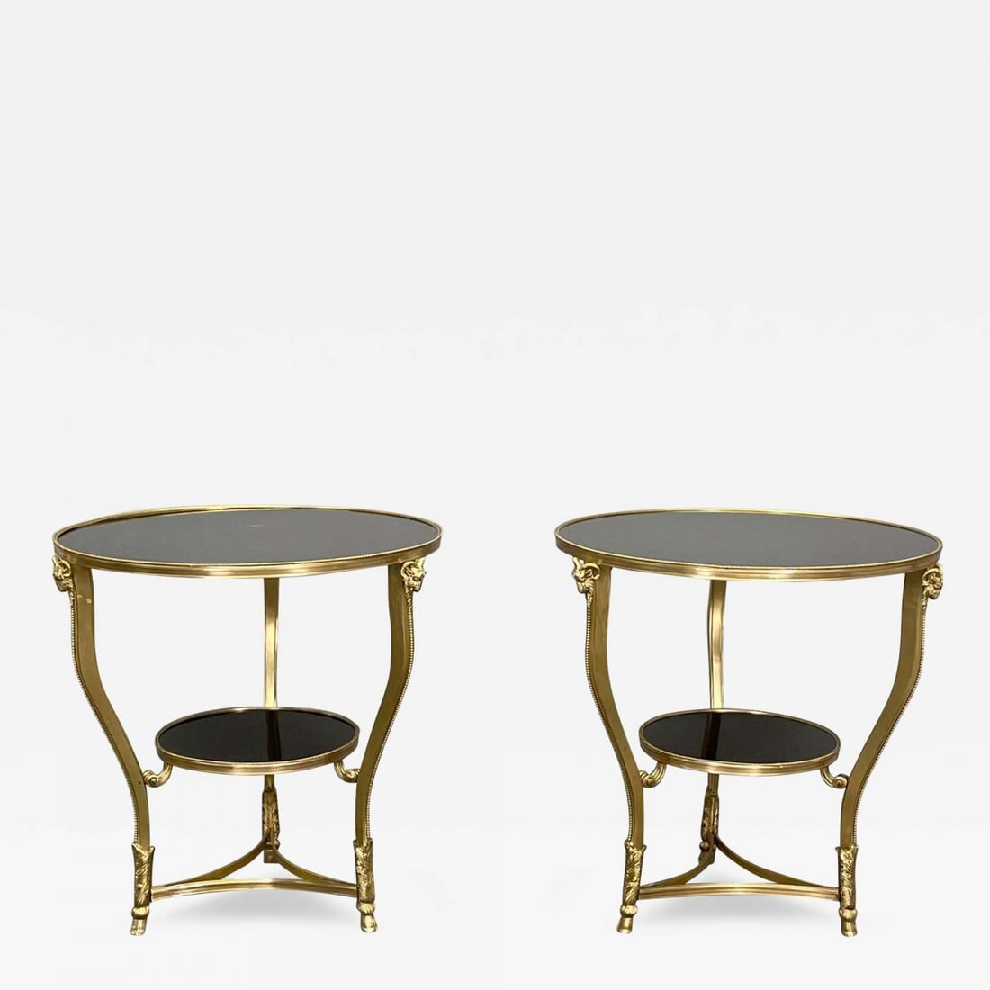 Pair of French Rams Head Gueridon, End or Side Tables, Black Marble Top, Bronze - 2