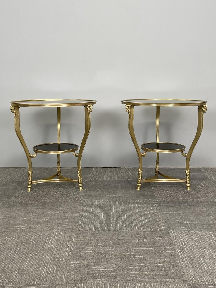 Pair of French Rams Head Gueridon, End or Side Tables, Black Marble Top, Bronze - 3
