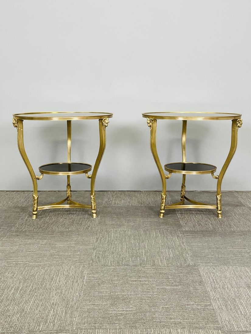 Pair of French Rams Head Gueridon, End or Side Tables, Black Marble Top, Bronze - 4