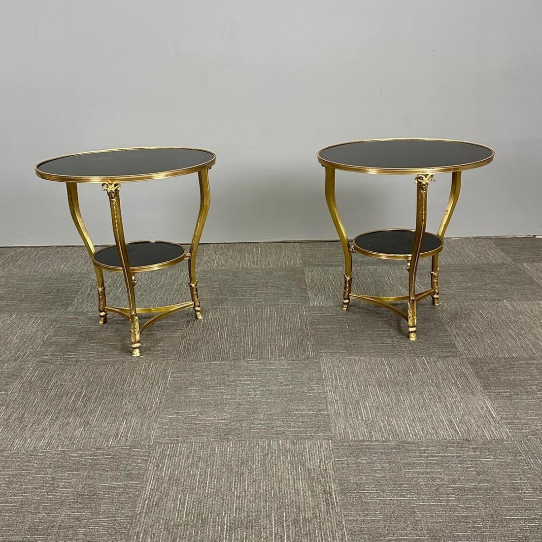 Pair of French Rams Head Gueridon, End or Side Tables, Black Marble Top, Bronze - 5