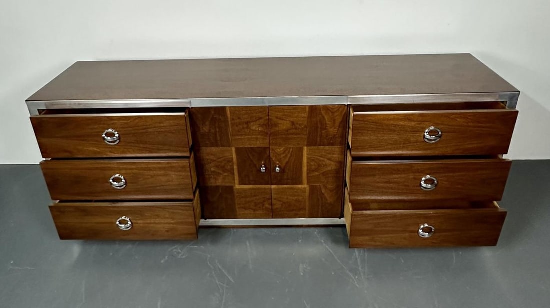 Mid-Century Modern Milo Baughman Sideboard / Dresser, Burlwood, Chrome - 8