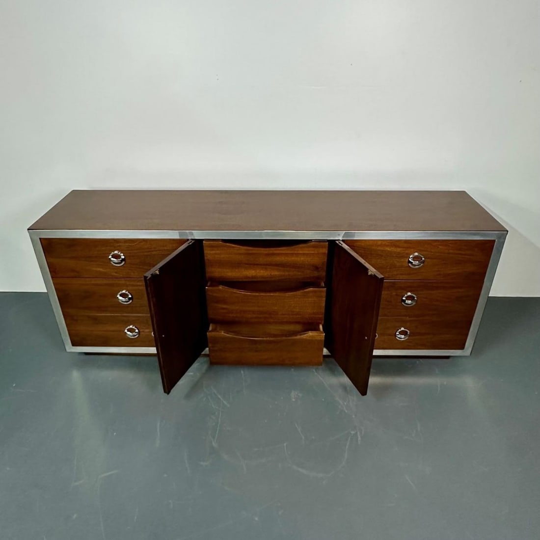Mid-Century Modern Milo Baughman Sideboard / Dresser, Burlwood, Chrome - 9
