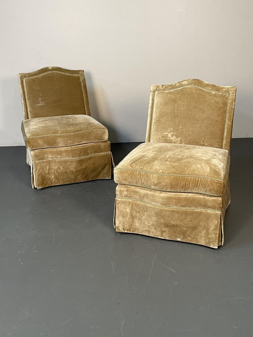 Pair of Louis XVI Style Mohair Slipper or Lounge Chairs, Traditional, Velvet - 3