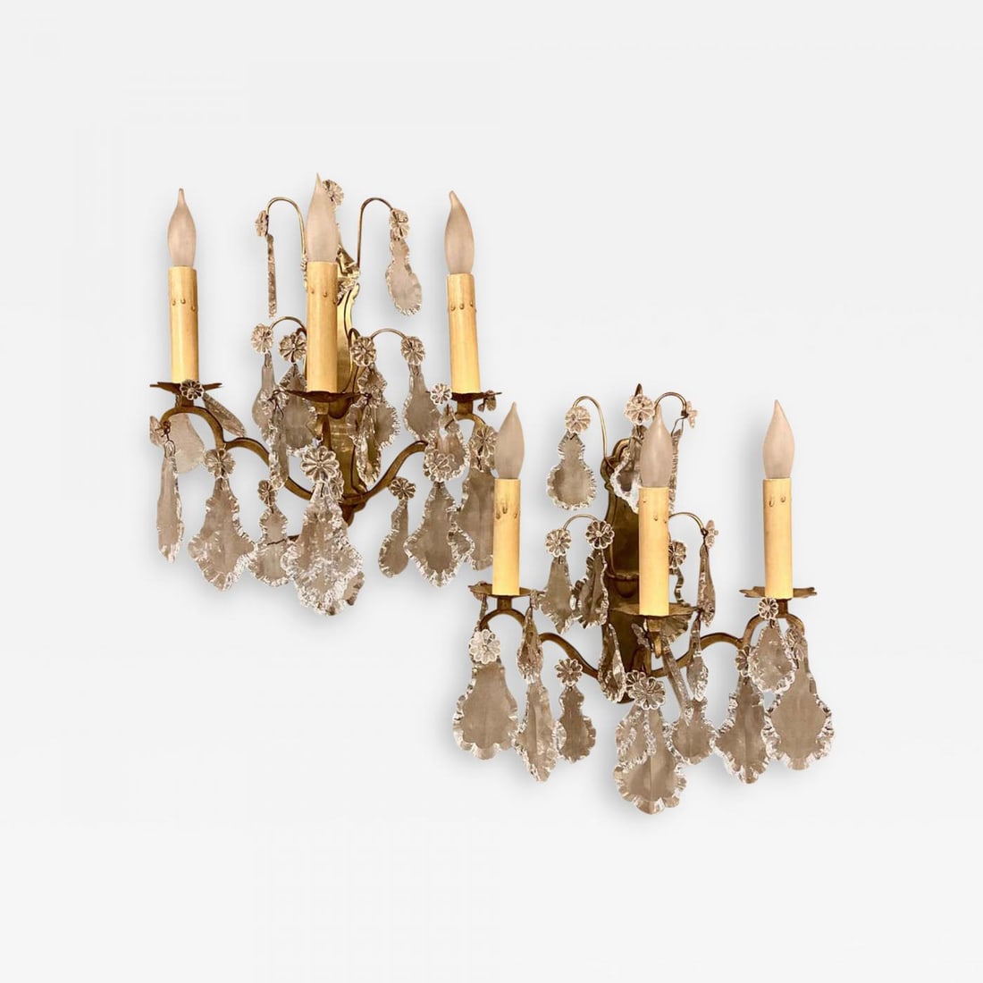 Gilt Bronze and Crystal Three-Light Wall Sconces French Early 20th Century, Pair - 2