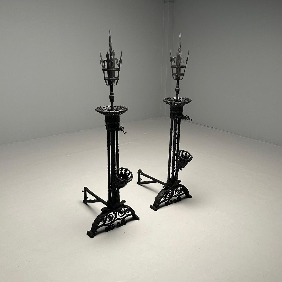 Pair Monumental Samuel Yellin Style Wrought Iron Andirons, Italian Renaissance - 10