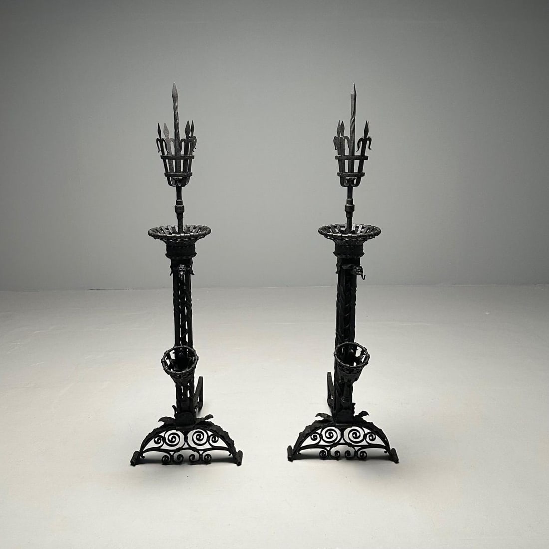 Pair Monumental Samuel Yellin Style Wrought Iron Andirons, Italian Renaissance - 11