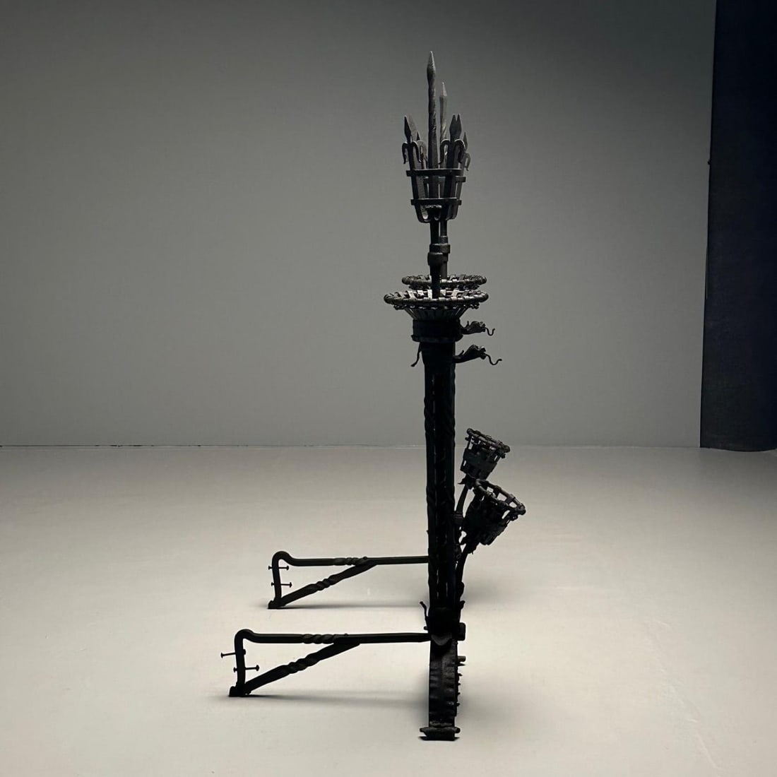 Pair Monumental Samuel Yellin Style Wrought Iron Andirons, Italian Renaissance - 12