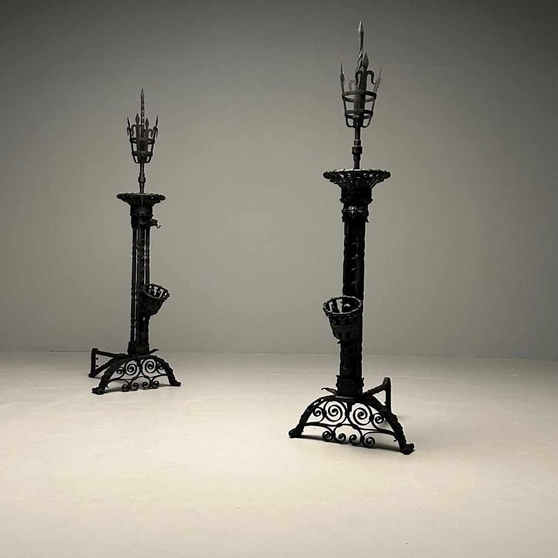 Pair Monumental Samuel Yellin Style Wrought Iron Andirons, Italian Renaissance - 3
