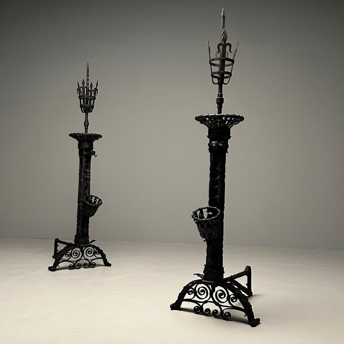Pair Monumental Samuel Yellin Style Wrought Iron Andirons, Italian Renaissance - 4