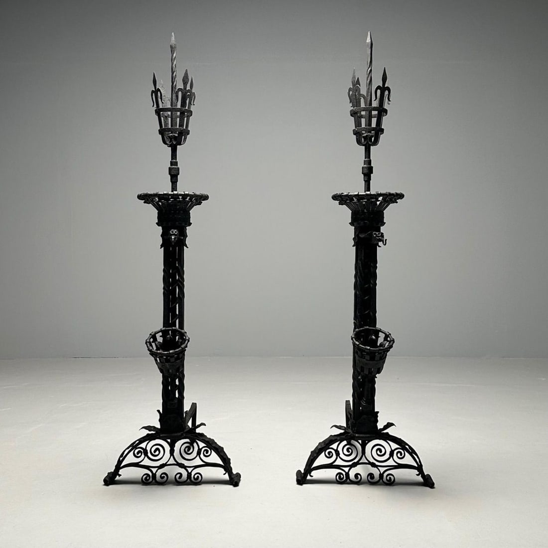 Pair Monumental Samuel Yellin Style Wrought Iron Andirons, Italian Renaissance - 7