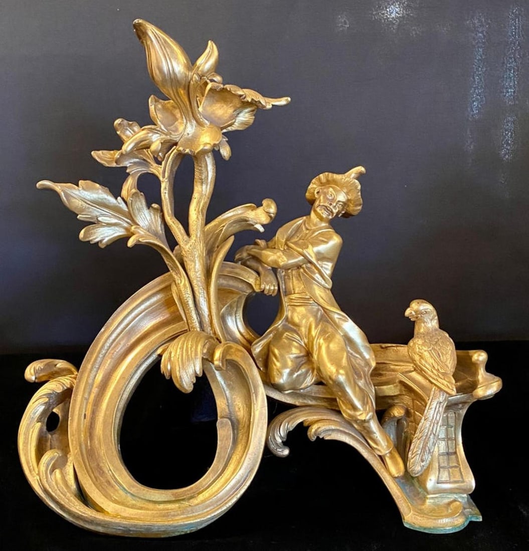 19th Century Pair of Dore Bronze Chenets Andirons Signed Bird with Man and Woman - 13