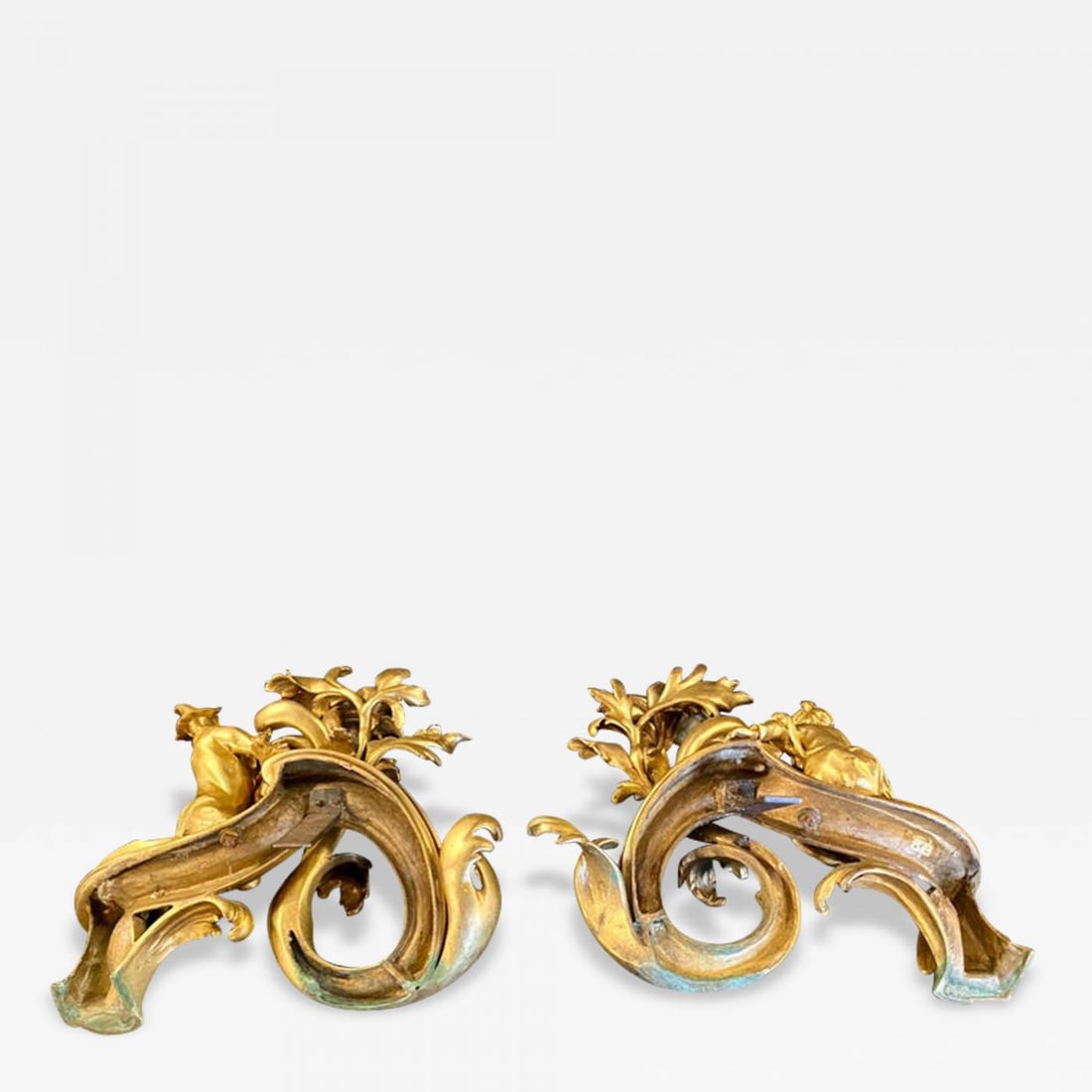 19th Century Pair of Dore Bronze Chenets Andirons Signed Bird with Man and Woman - 2