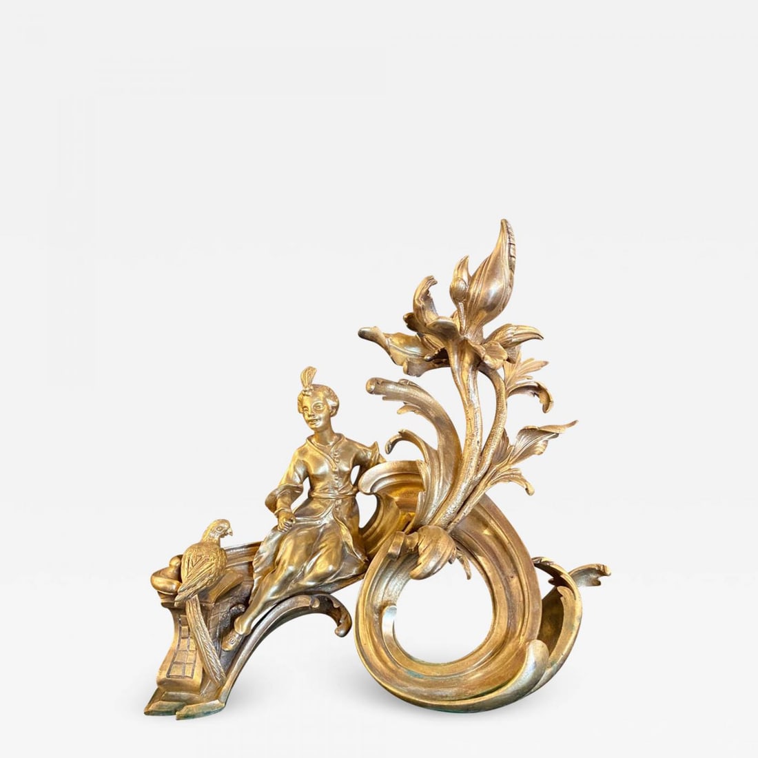 19th Century Pair of Dore Bronze Chenets Andirons Signed Bird with Man and Woman - 3