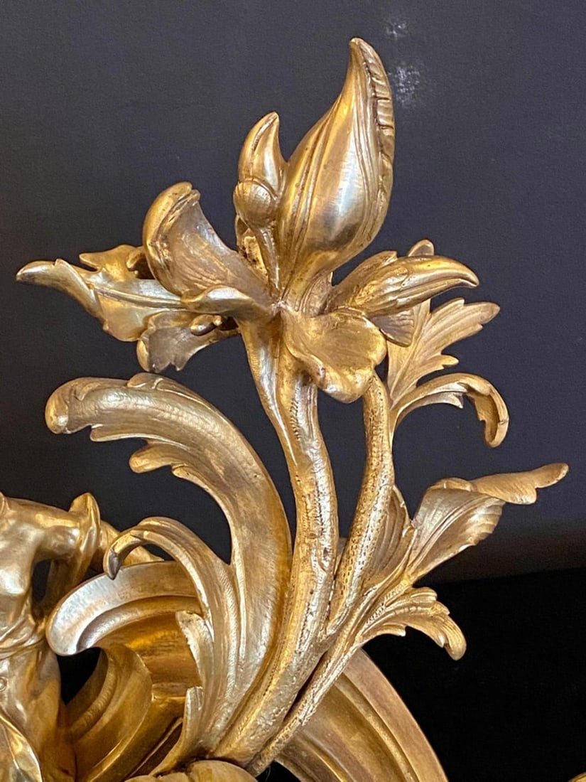 19th Century Pair of Dore Bronze Chenets Andirons Signed Bird with Man and Woman - 7