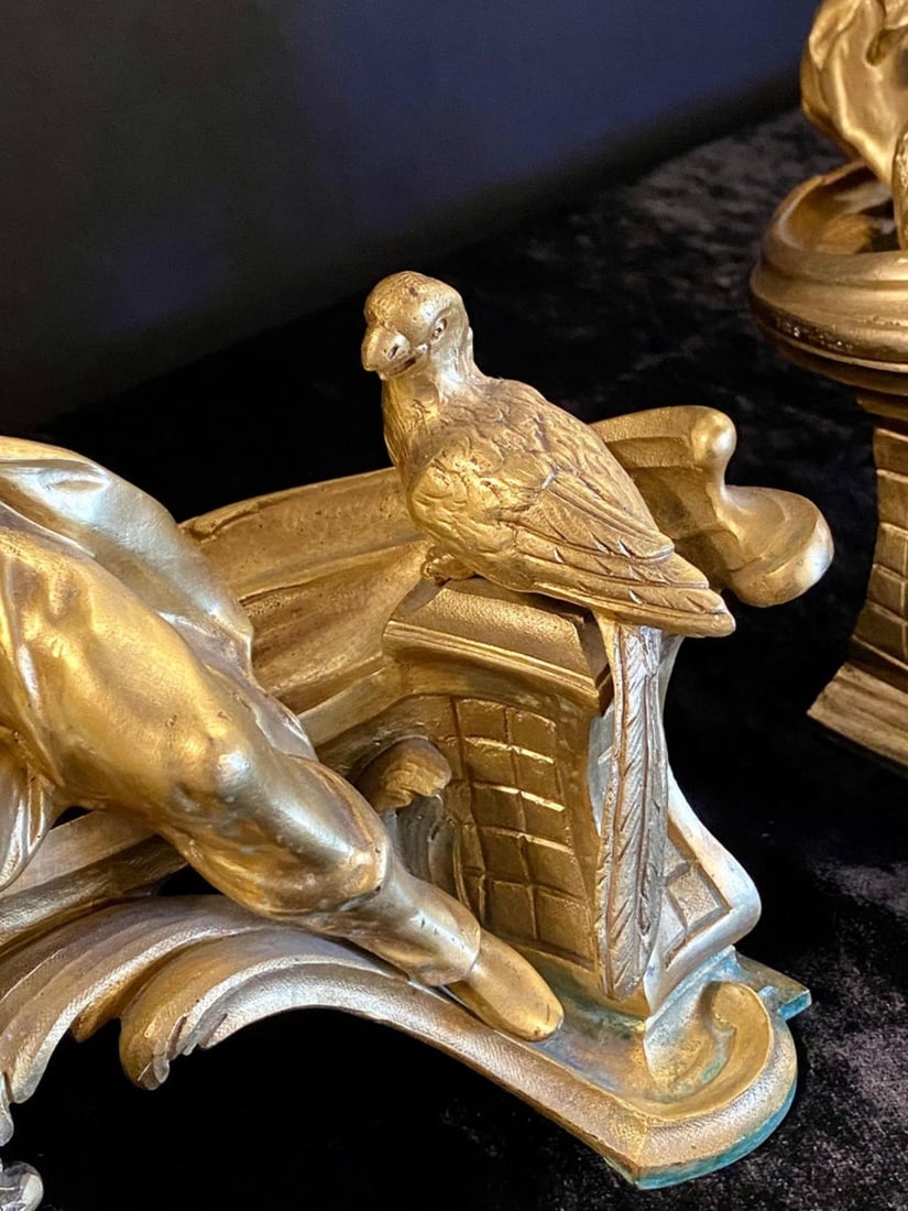 19th Century Pair of Dore Bronze Chenets Andirons Signed Bird with Man and Woman - 8