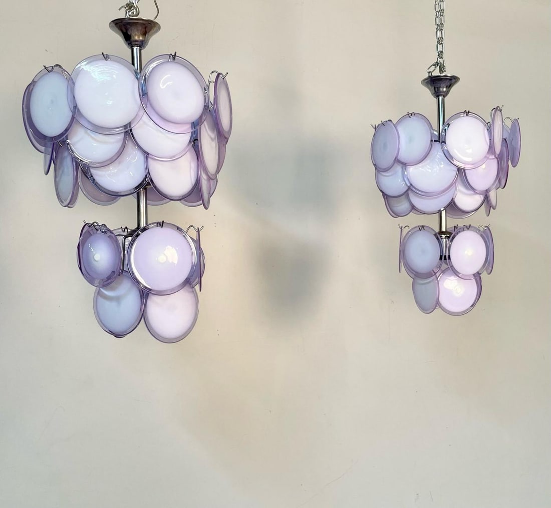 Pair of Mid-Century Modern Style Purple Murano Glass Disk Chandeliers - 5