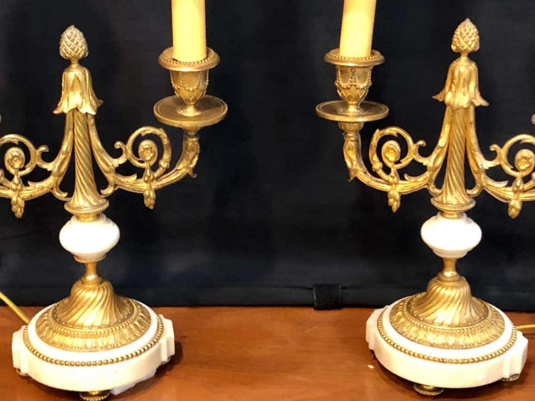 Pair of French Louis XVI Style Dore Bronze and Marble Candelabra or Table Lamps - 3