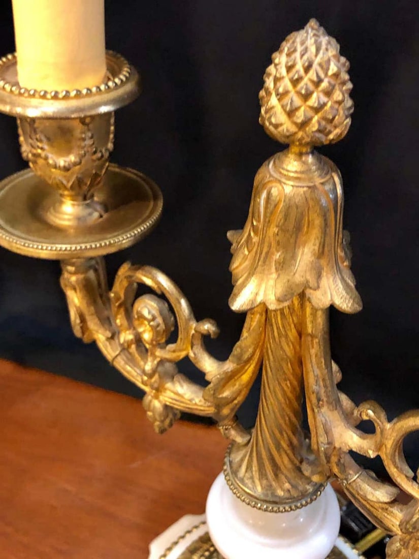 Pair of French Louis XVI Style Dore Bronze and Marble Candelabra or Table Lamps - 7