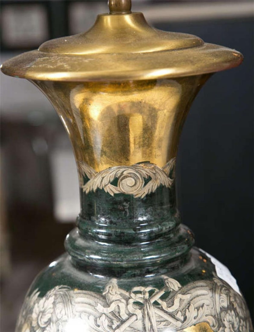 Pair Classical Design Table Lamps Urn Shape Form Reverse Glass Depicting Goddess - 10