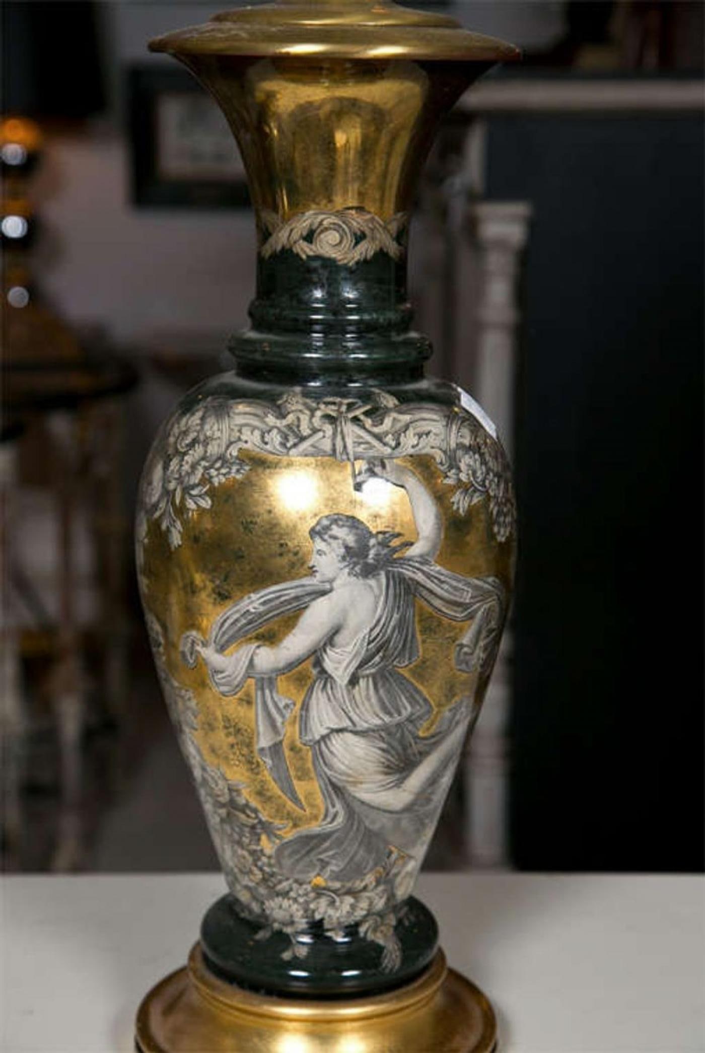 Pair Classical Design Table Lamps Urn Shape Form Reverse Glass Depicting Goddess - 4