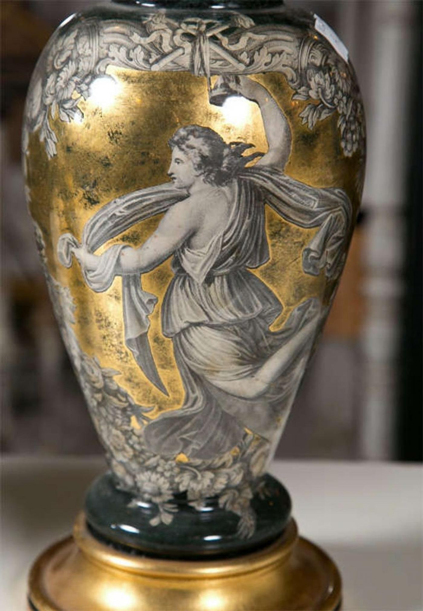 Pair Classical Design Table Lamps Urn Shape Form Reverse Glass Depicting Goddess - 5