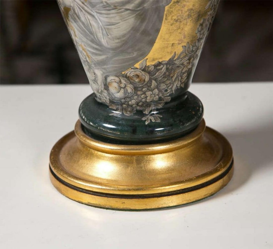 Pair Classical Design Table Lamps Urn Shape Form Reverse Glass Depicting Goddess - 8