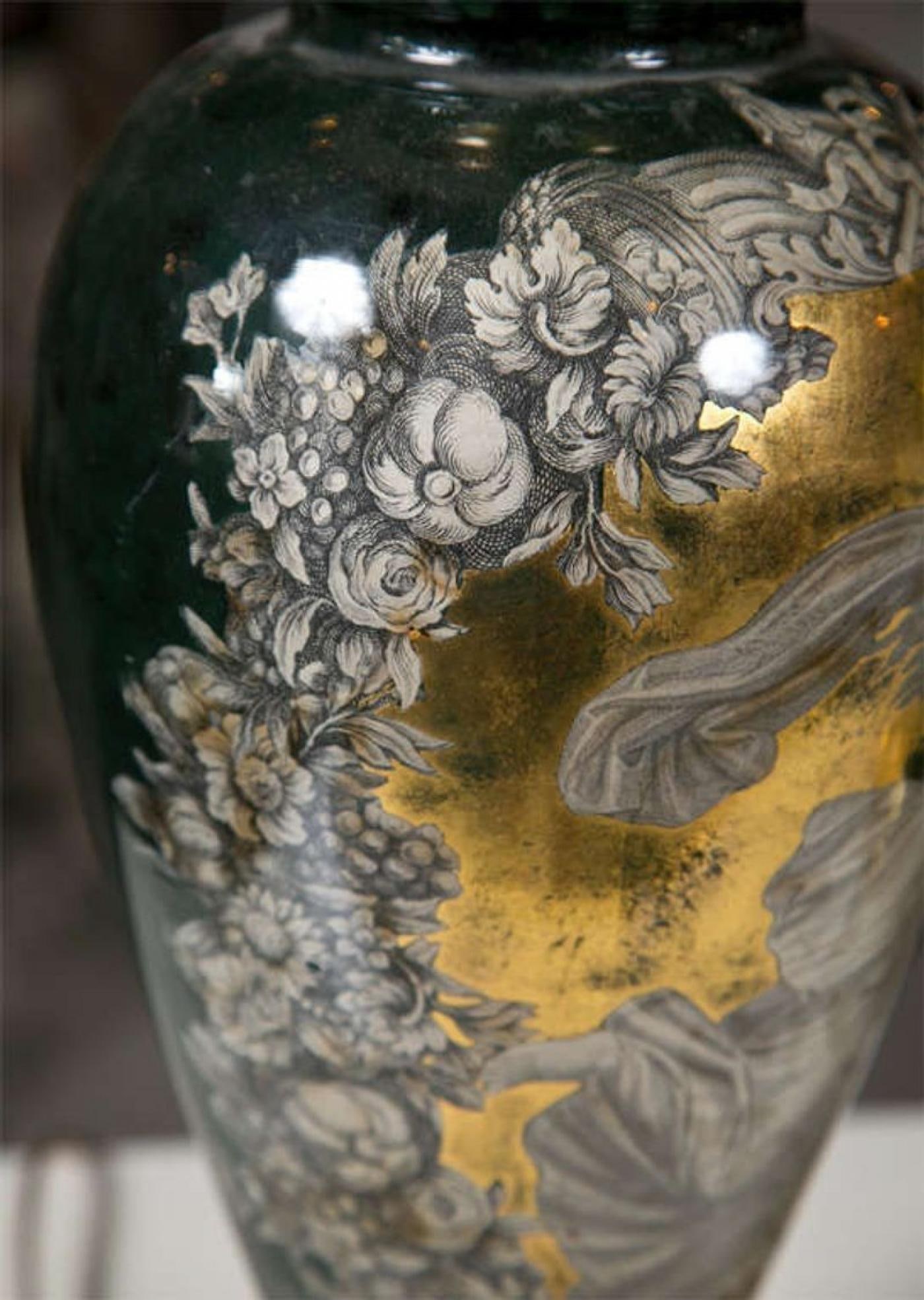 Pair Classical Design Table Lamps Urn Shape Form Reverse Glass Depicting Goddess - 9