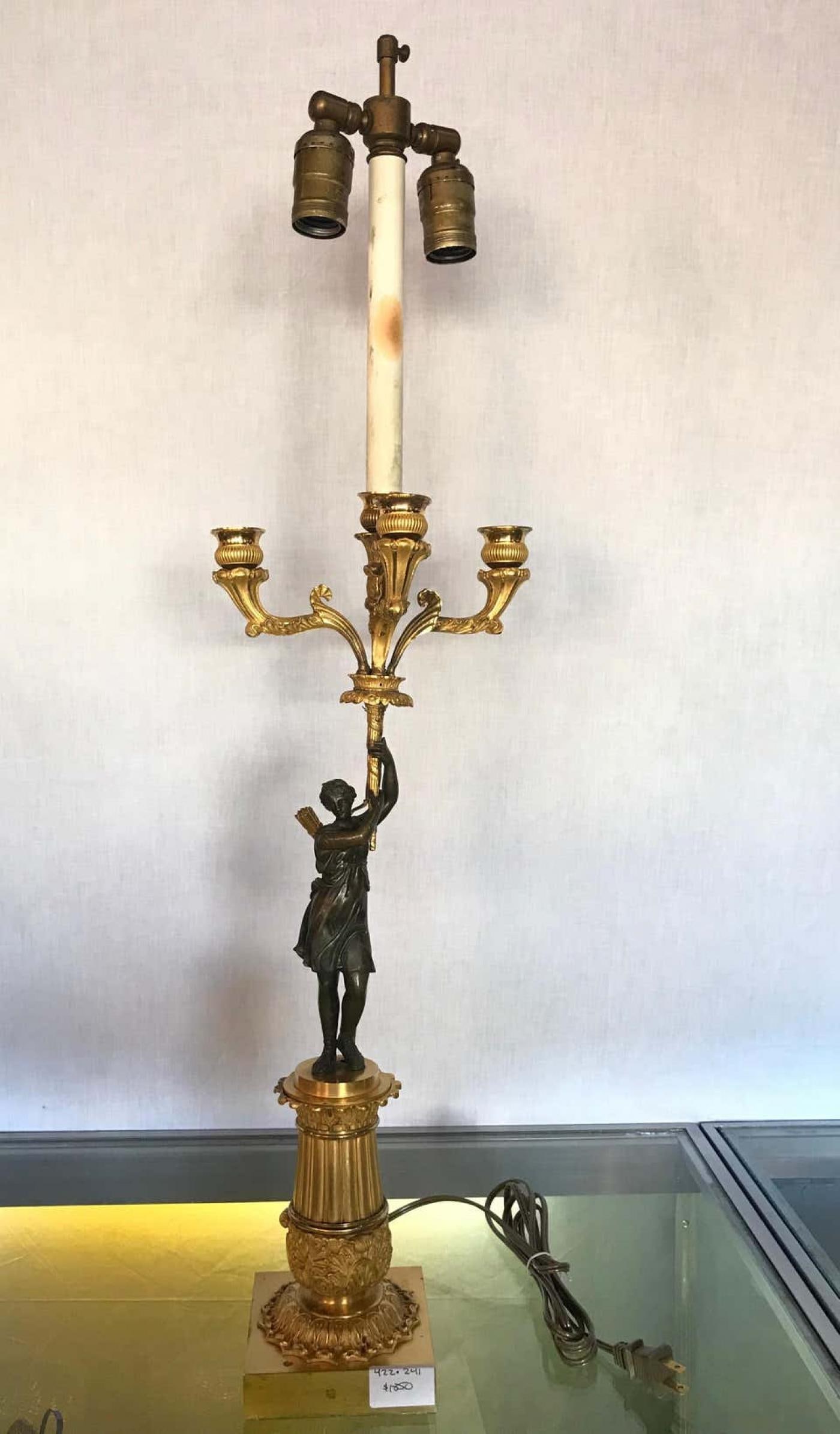 Empire Doré Bronze Candelabra Lamp Having a Patinated Woman Mounted as a Lamp - 3