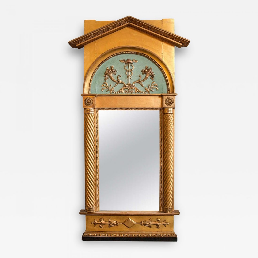 Late 19th Century Italian Neoclassical Paint Decorated Pier Mirror: Title: Late 19th Century Italian Neoclassical Paint Decorated Pier Mirror Description: Italian neoclassical pier mirror adorning a caduceus amongst branches topped with flowering baskets along with ro